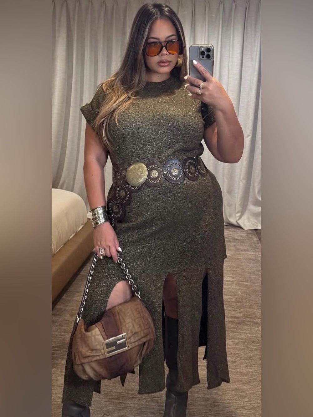Eloquii Olive Green Metallic High-Low Dress
